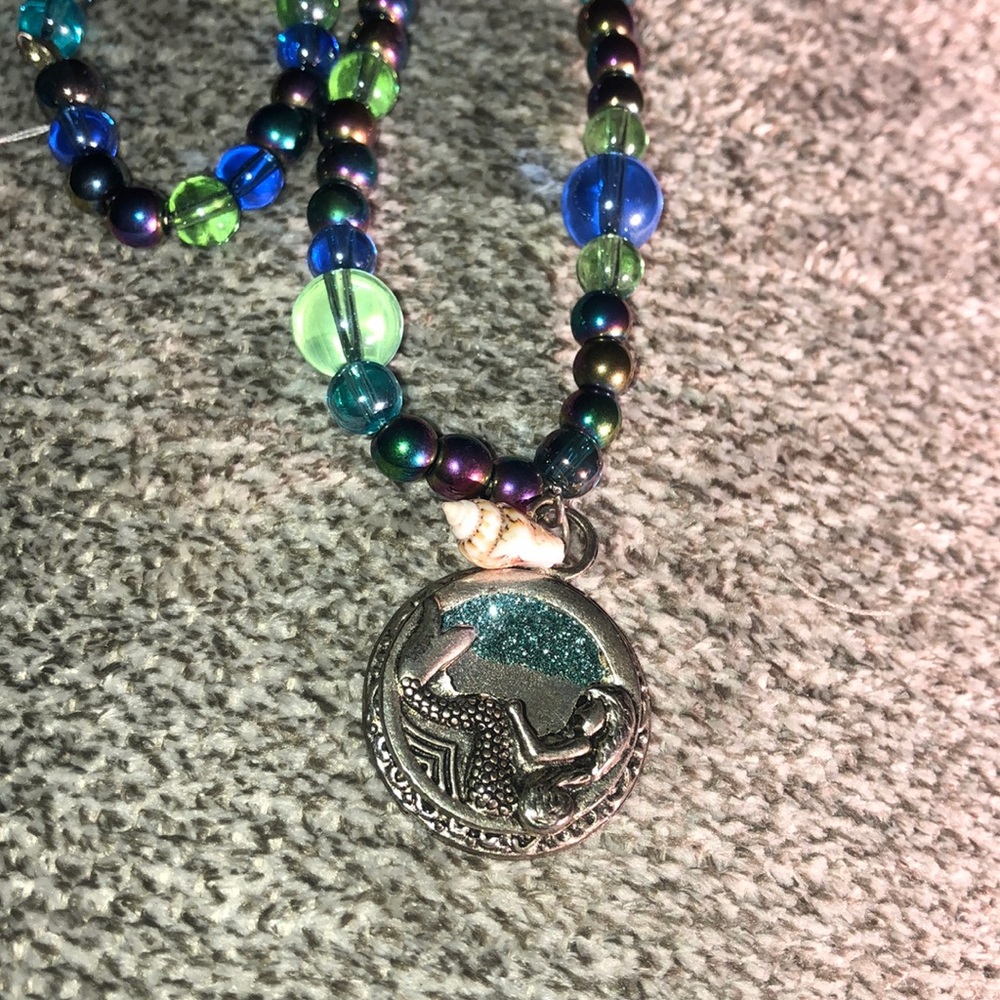 NEW green blue iridescent beaded MERMAID necklace